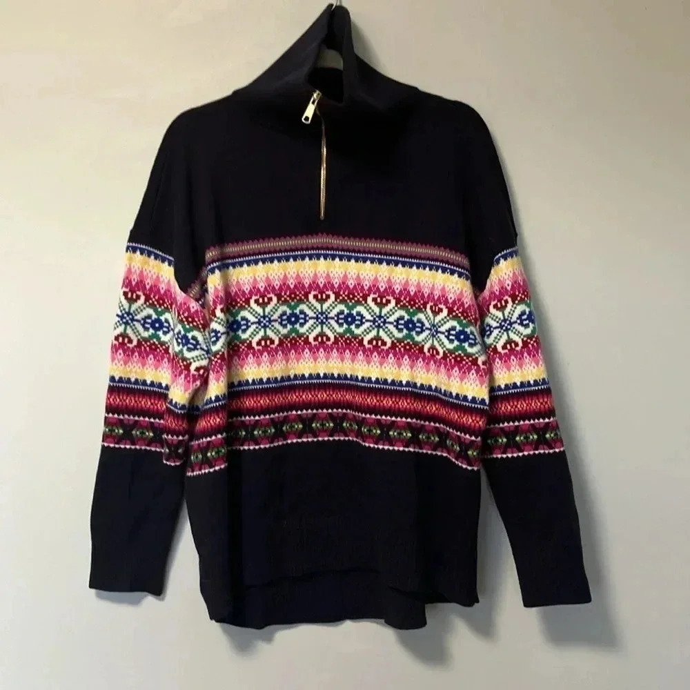Talbots lambswool blend quarter zip fir  isle navy sweater
